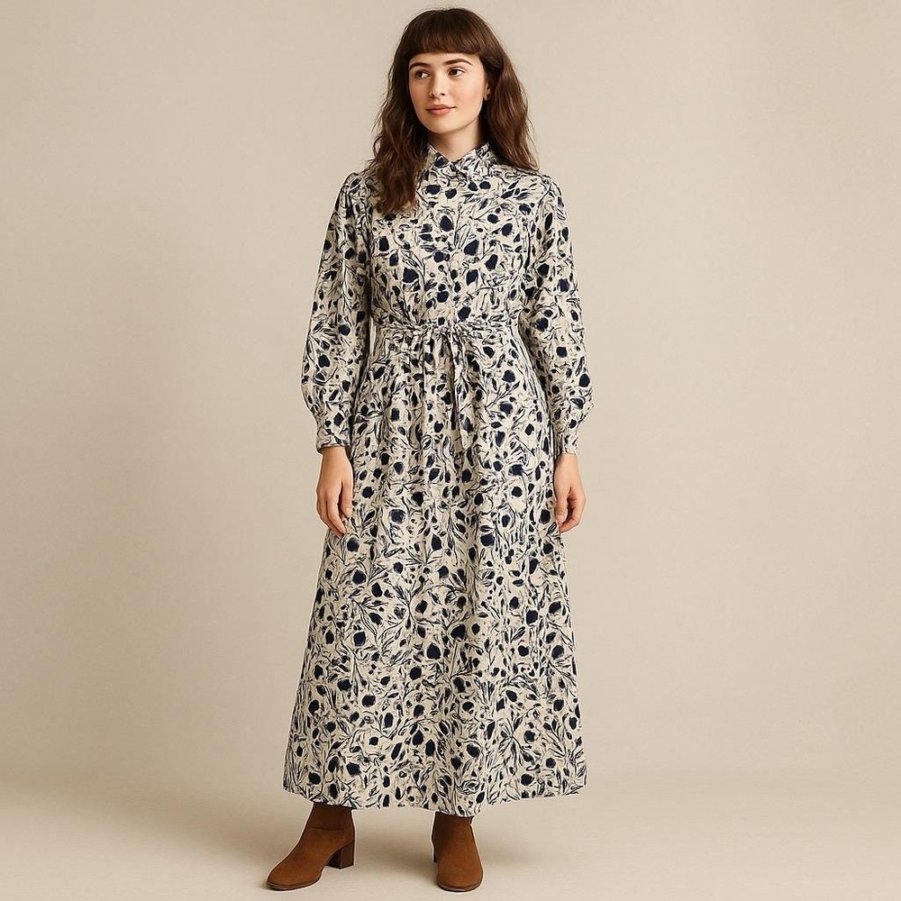 Vintage 70s Ariel by Gross-Barsa Maxi Dress L NOS Navy Floral Cotton Shirt Dress